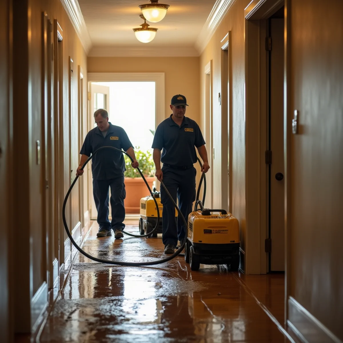 Water damage restoration crew drying a flooded hotel corridor in the Anaheim Resort District