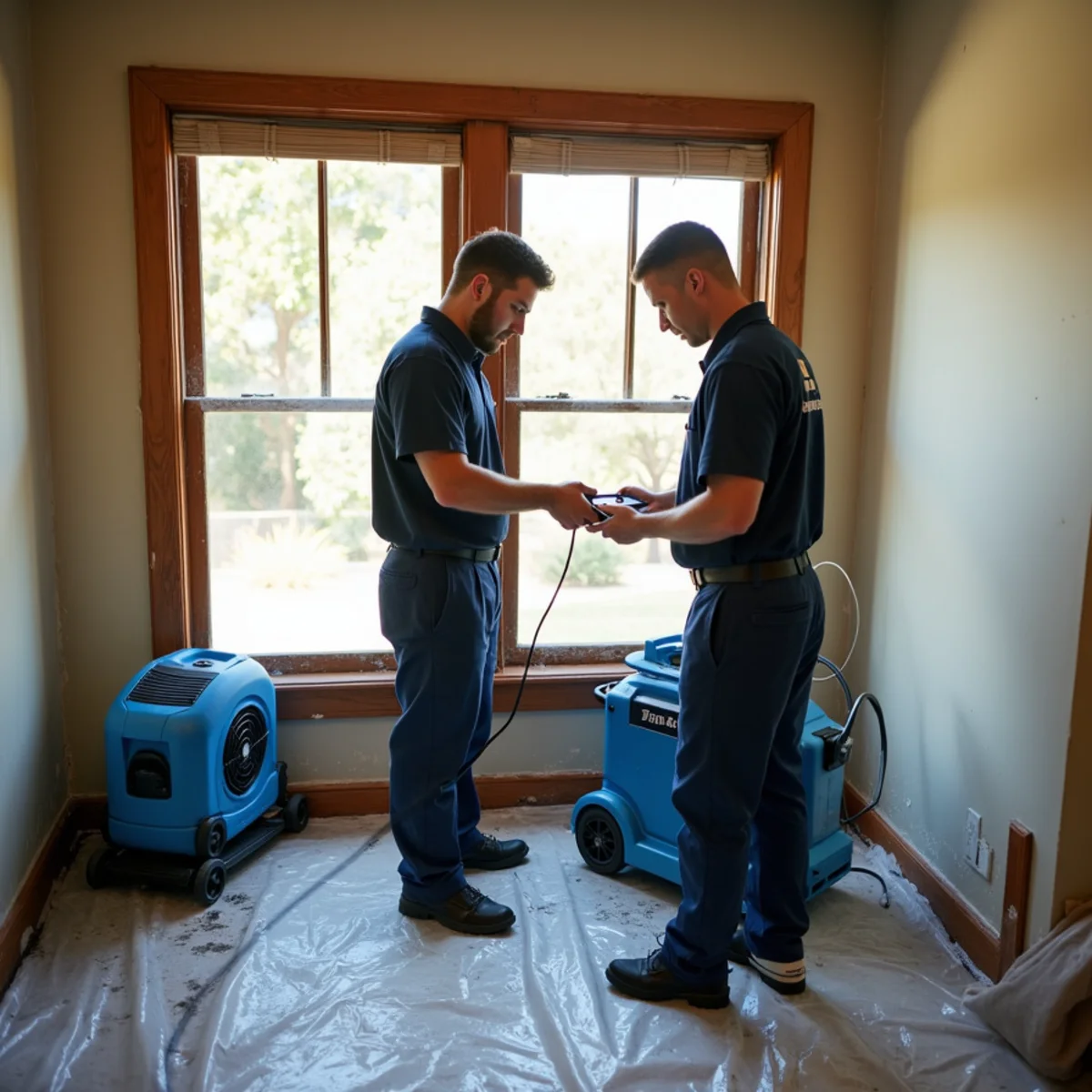 Drying equipment protecting hardwood floors in a historic Anaheim Colony home