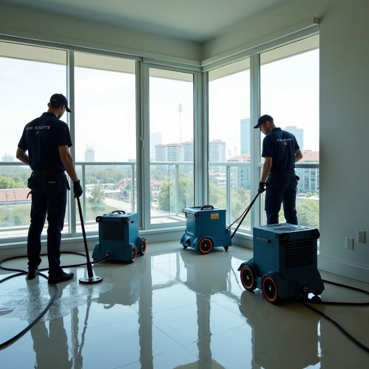 Air movers drying a multi-story condo in Anaheim's Platinum Triangle