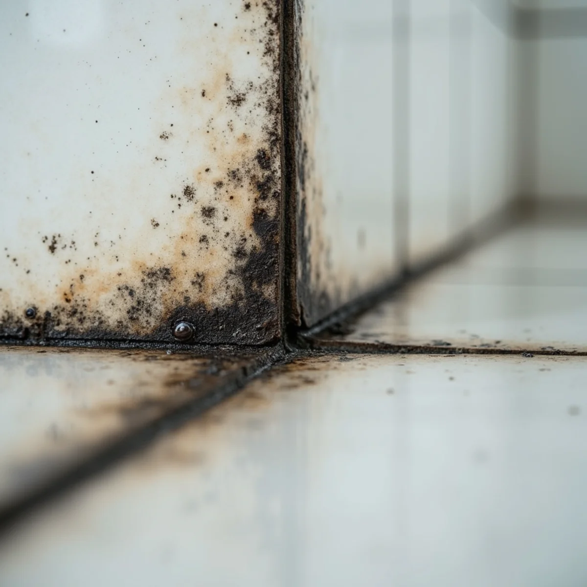 Side-by-side comparison of powdery surface mildew and darker spreading mold on a bathroom wall