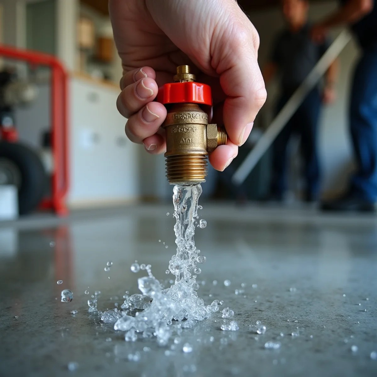 Water spraying from a burst copper pipe under a sink in a Buena Park home
