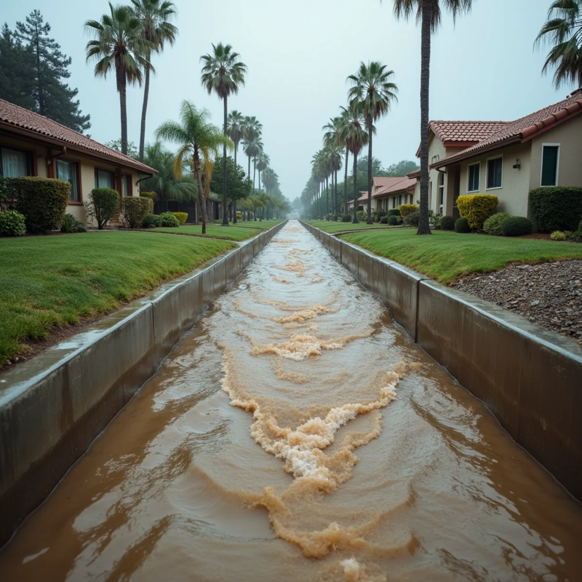 Coyote Creek channel running high with storm water near the Buena Park and Cerritos border after heavy rain
