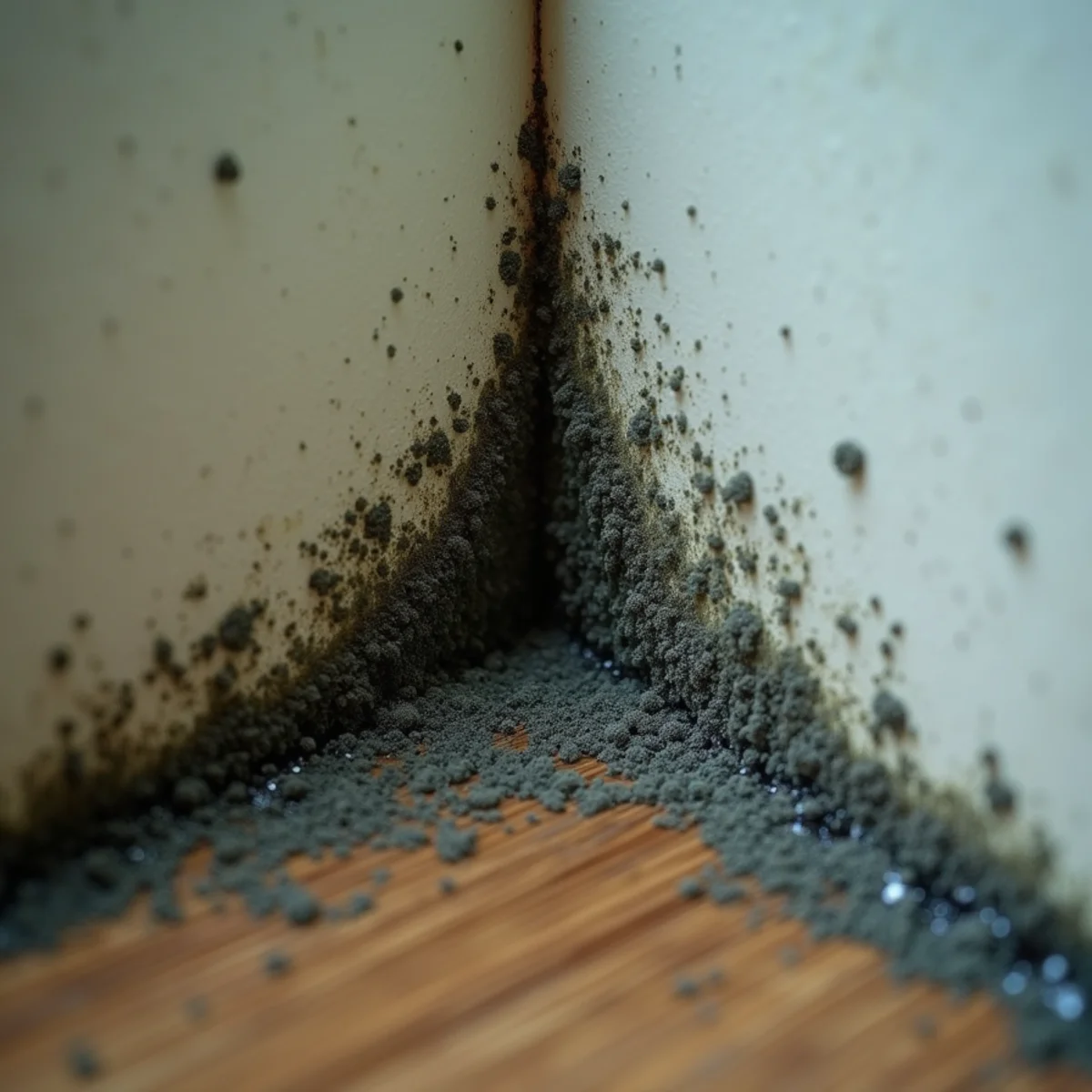 Close-up of mold beginning to form on a damp drywall corner after a household leak