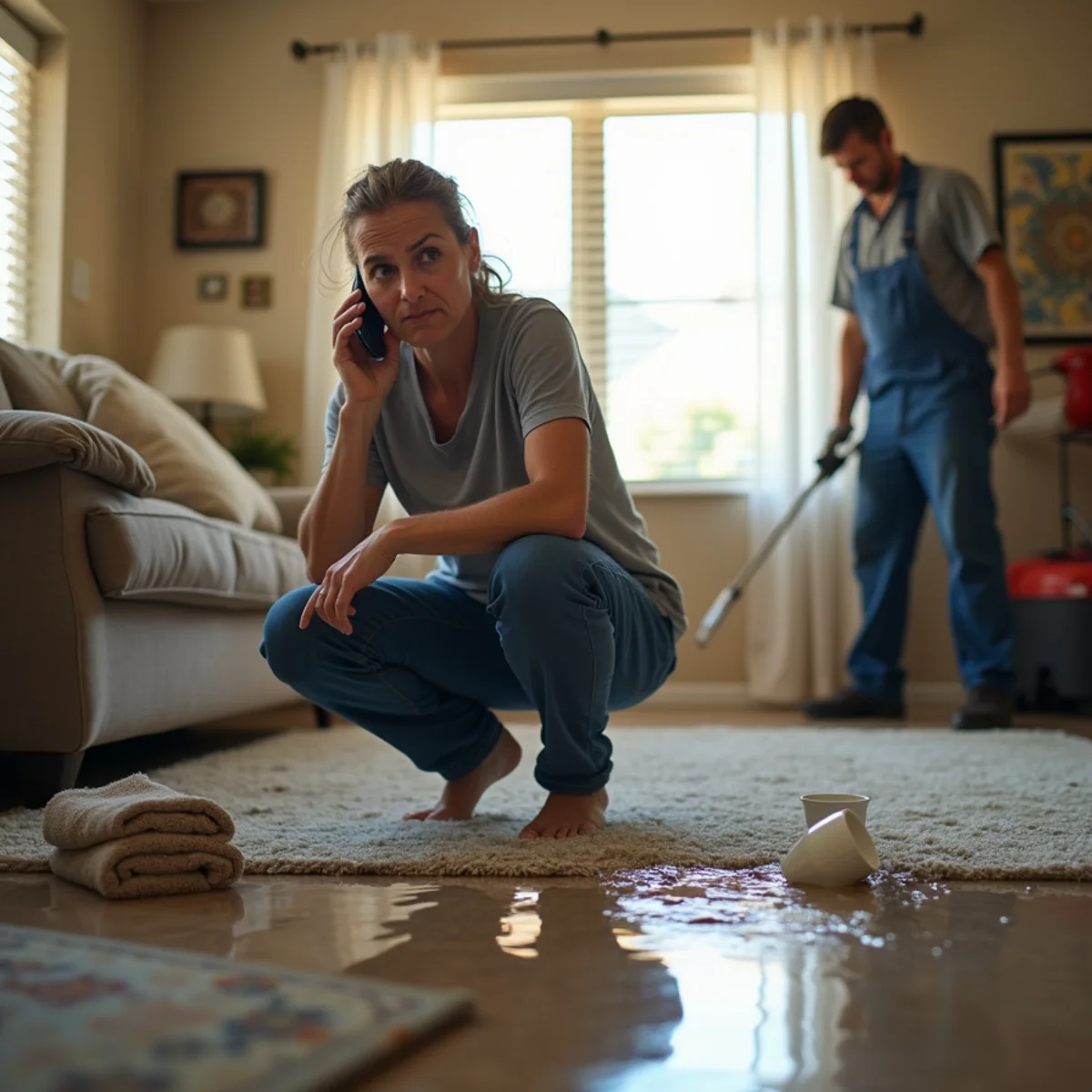 Homeowner using a towel to contain water spreading across a Buena Park living room floor