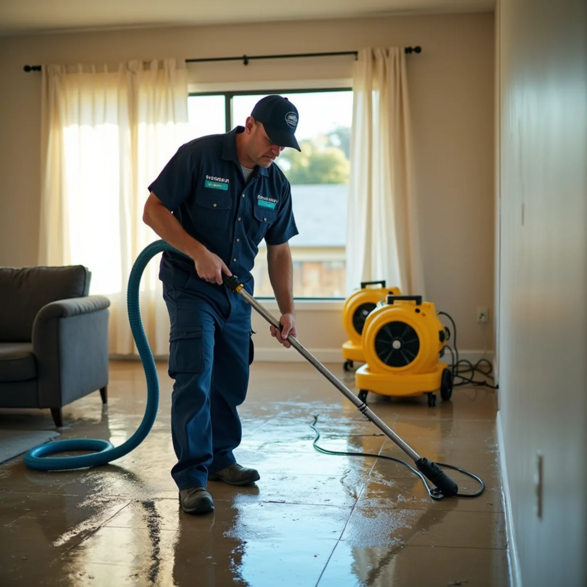 IICRC-certified technician extracting water from a flooded Buena Park living room
