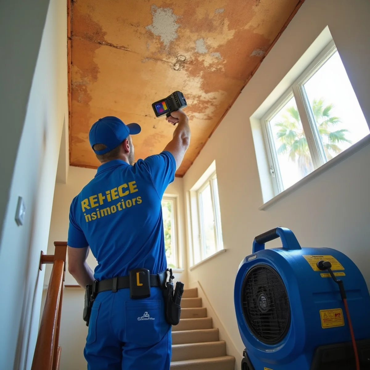 Restoration technician tracing a ceiling leak in a two-story Brea hillside home