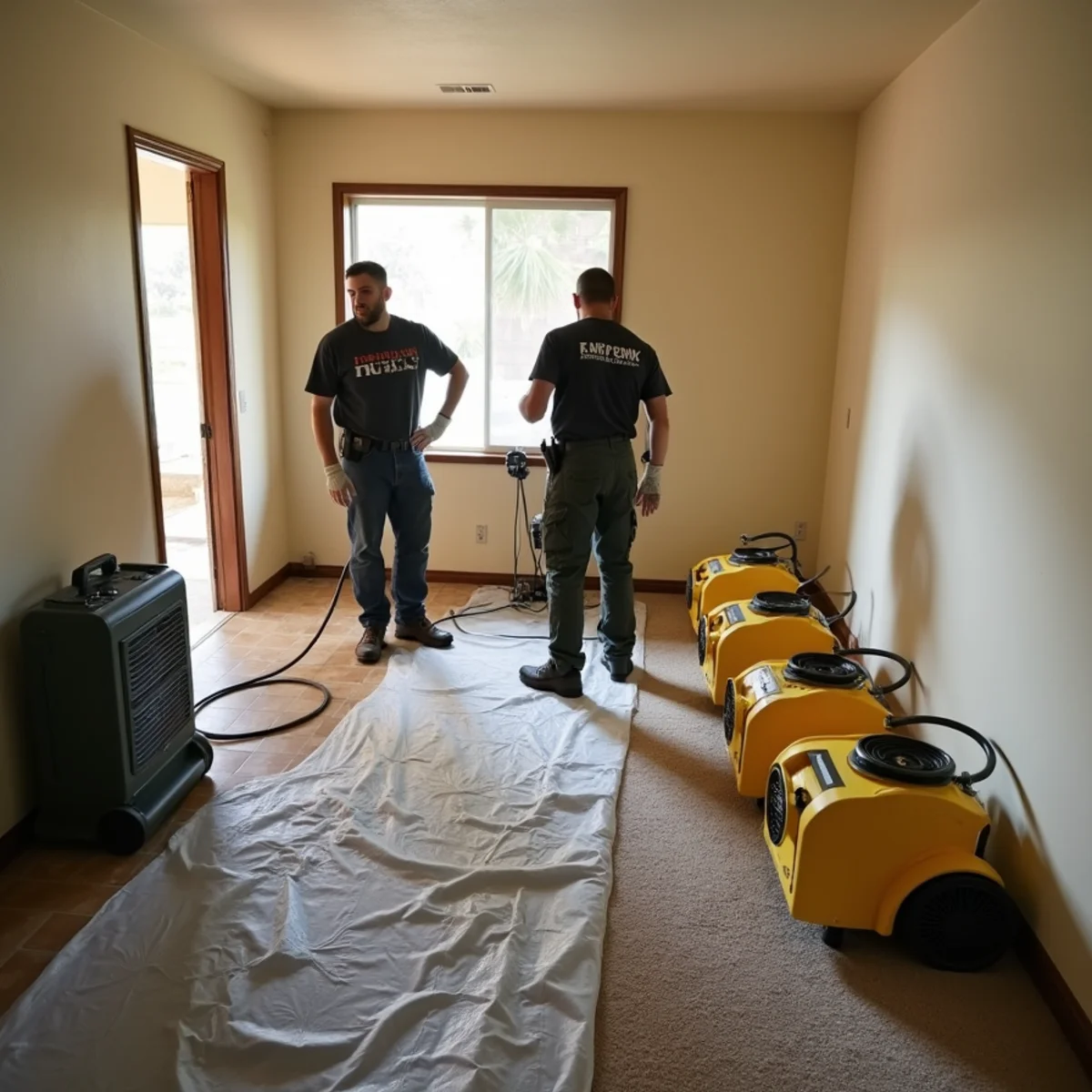 Water damage restoration crew drying a slab-foundation ranch home after a pipe leak in Lakewood, CA