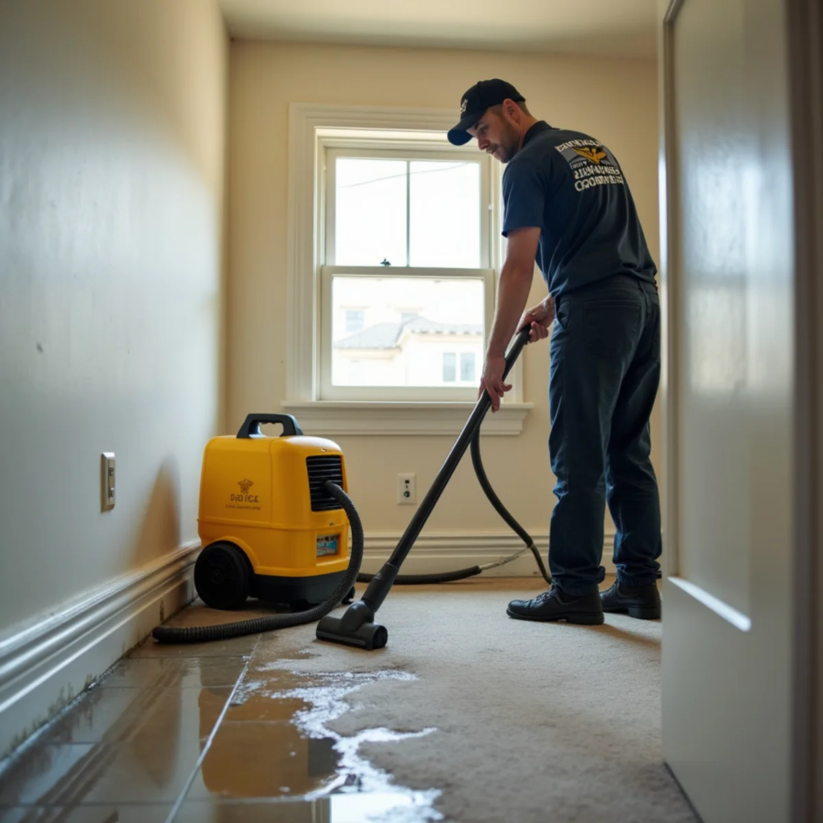 Technician pumping standing water from a garage in Midway City after a storm