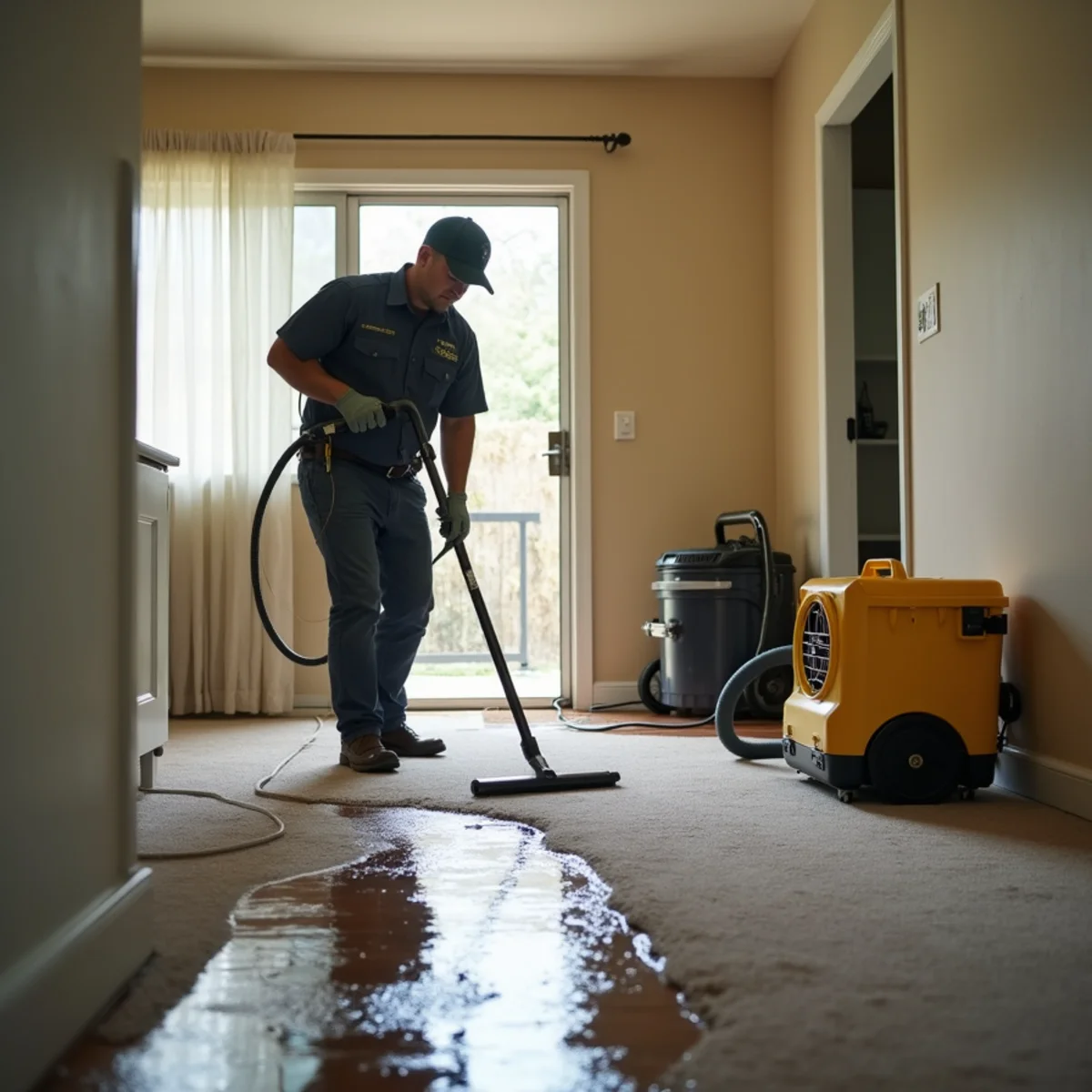Water damage restoration crew drying a 1950s tract home living room in Norwalk, CA