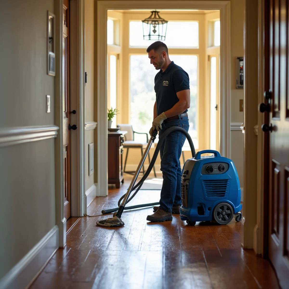 Restoration technician setting up drying equipment in a Santa Ana apartment after a ceiling leak