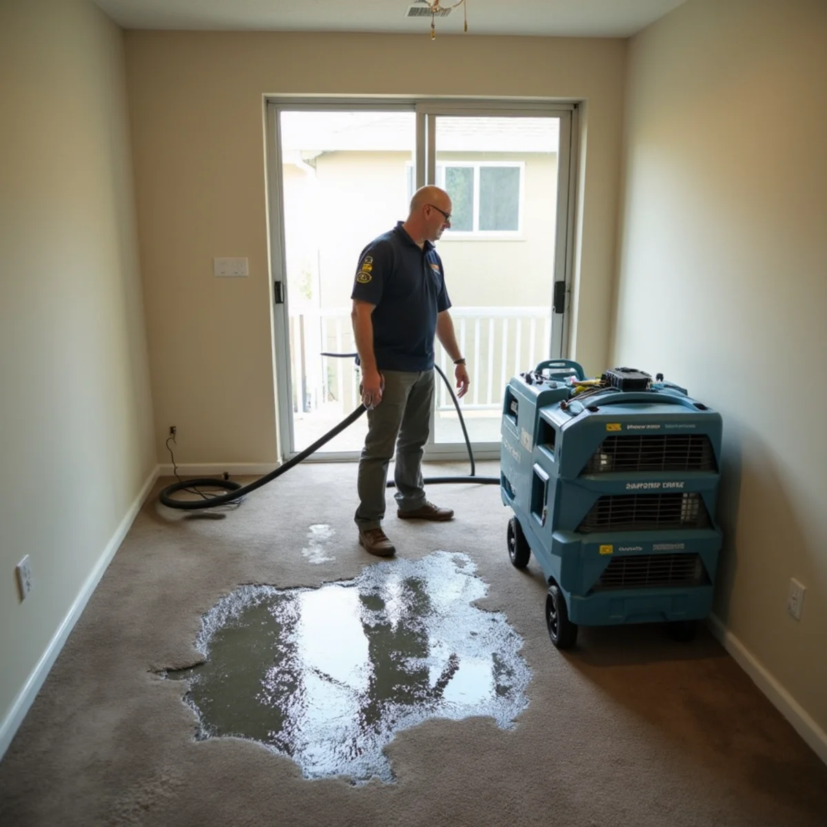 Restoration crew extracting water from a Stanton apartment unit off the Beach Boulevard corridor