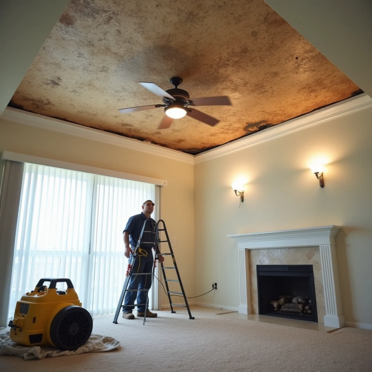 Water-stained, sagging ceiling being repaired in a Buena Park home