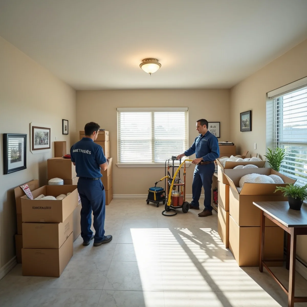 Technicians inventorying and boxing household belongings during a Buena Park pack-out