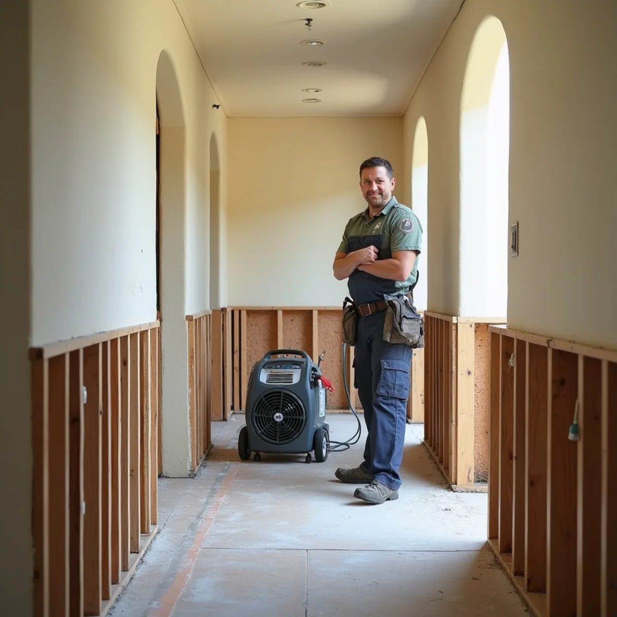 Flood-cut water-damaged drywall being dried in a Buena Park living room