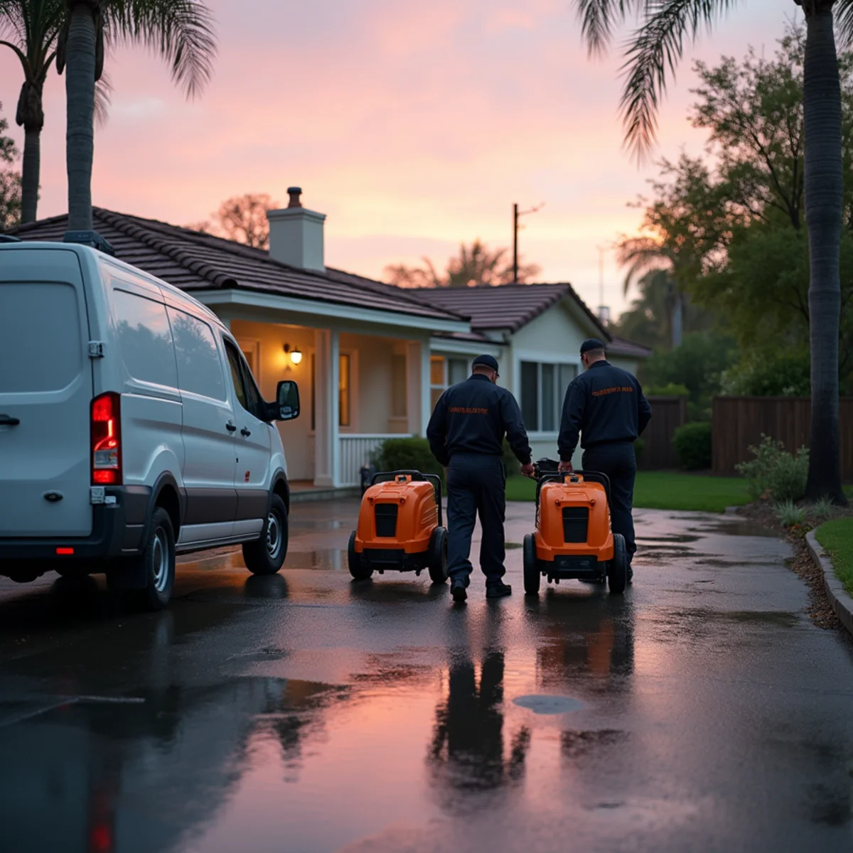Flood response crew in boots extracting muddy water from a Buena Park home after a storm