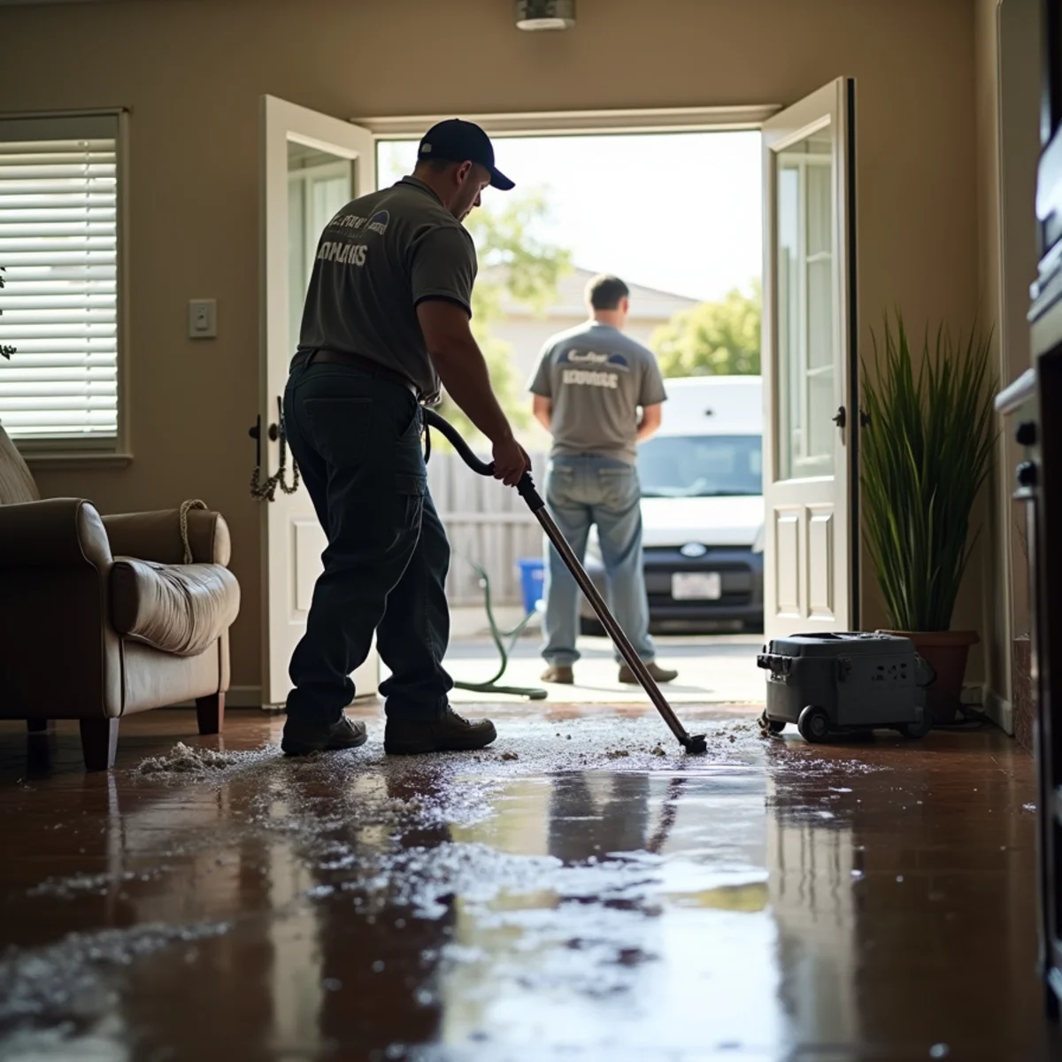 Truck-mounted extractor hose pulling standing water from a flooded Buena Park hallway