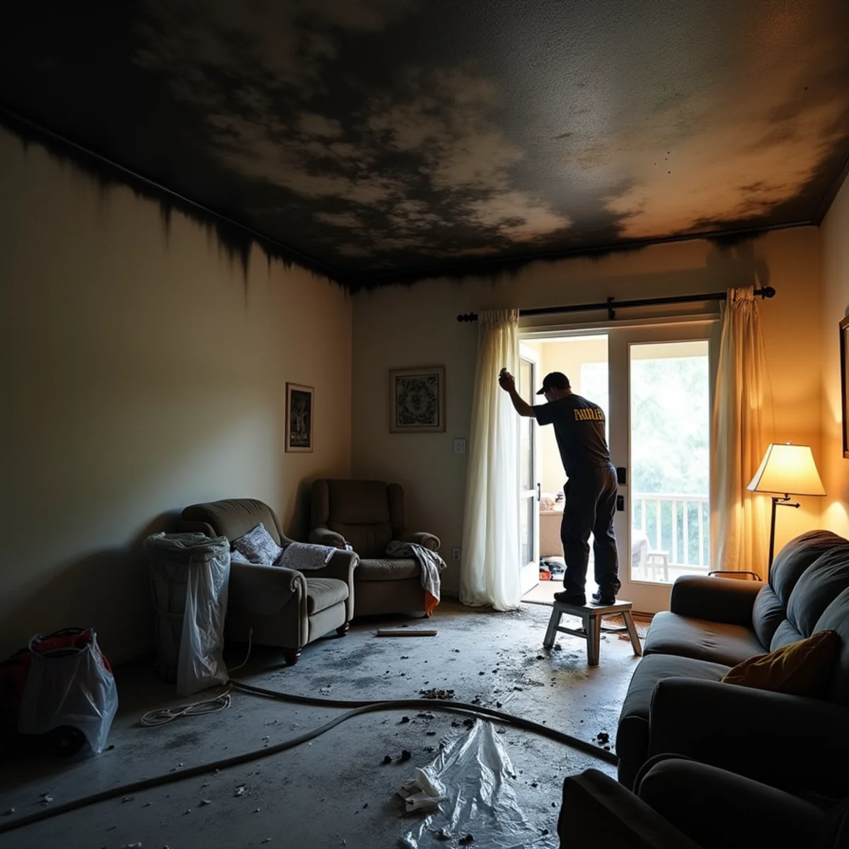 Restoration technician cleaning soot and smoke damage from a Buena Park home after a fire