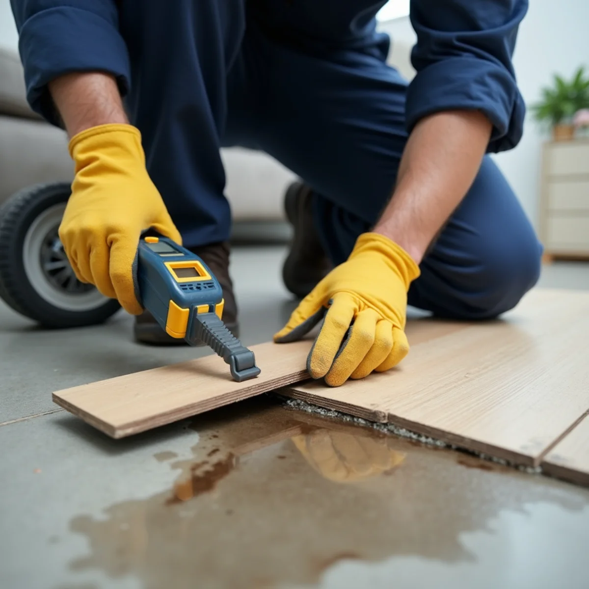 Laminate & Tile Floor Water Damage in a Buena Park home — IICRC-certified technician at work