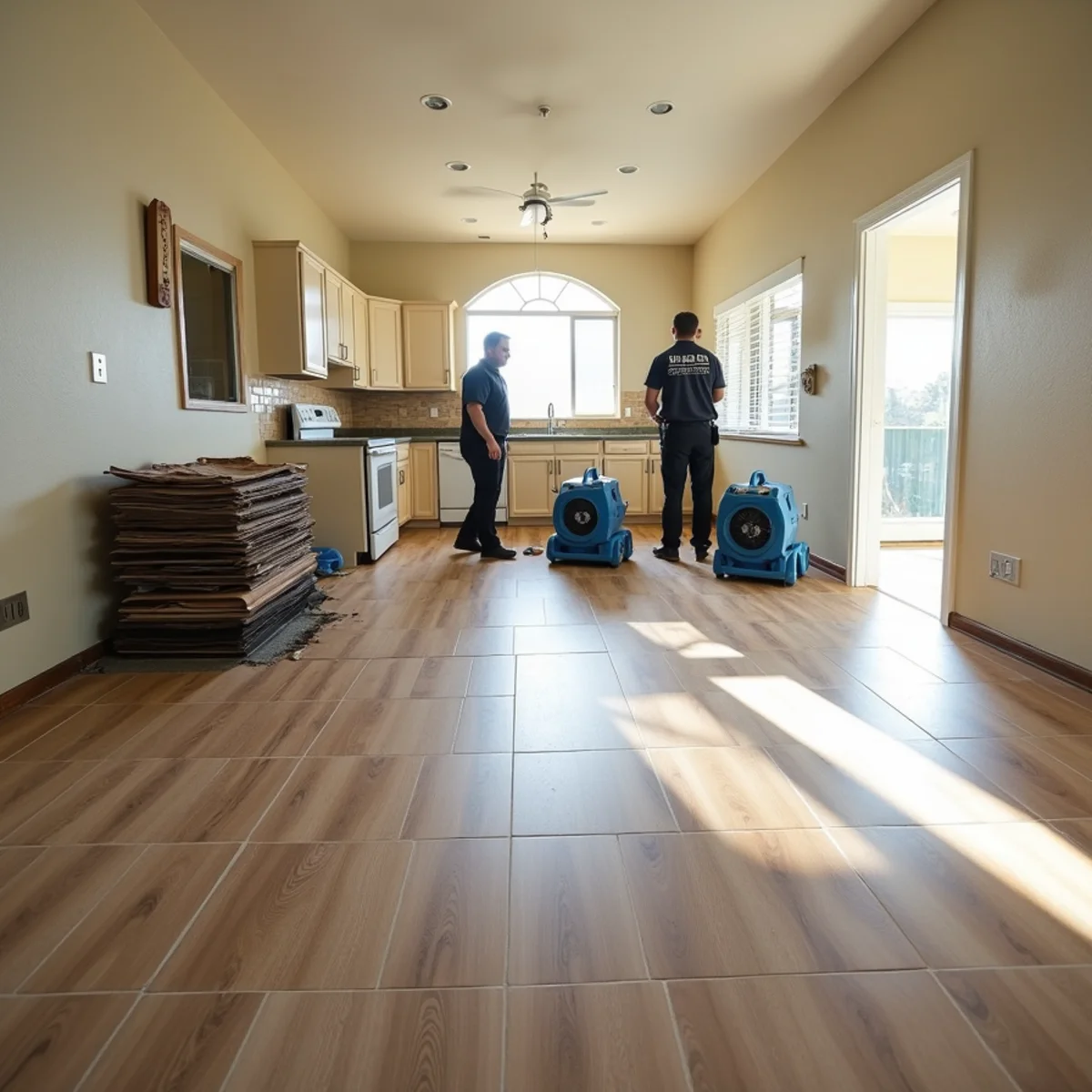 Swollen laminate flooring lifted to dry the slab beneath after a leak