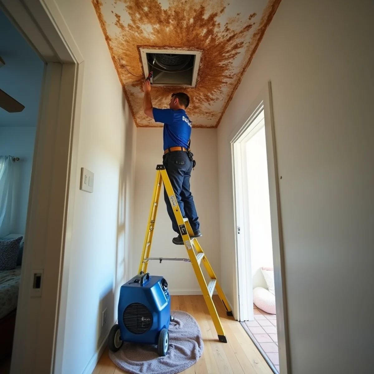 Water stain on a ceiling below an attic HVAC air handler in a Buena Park home