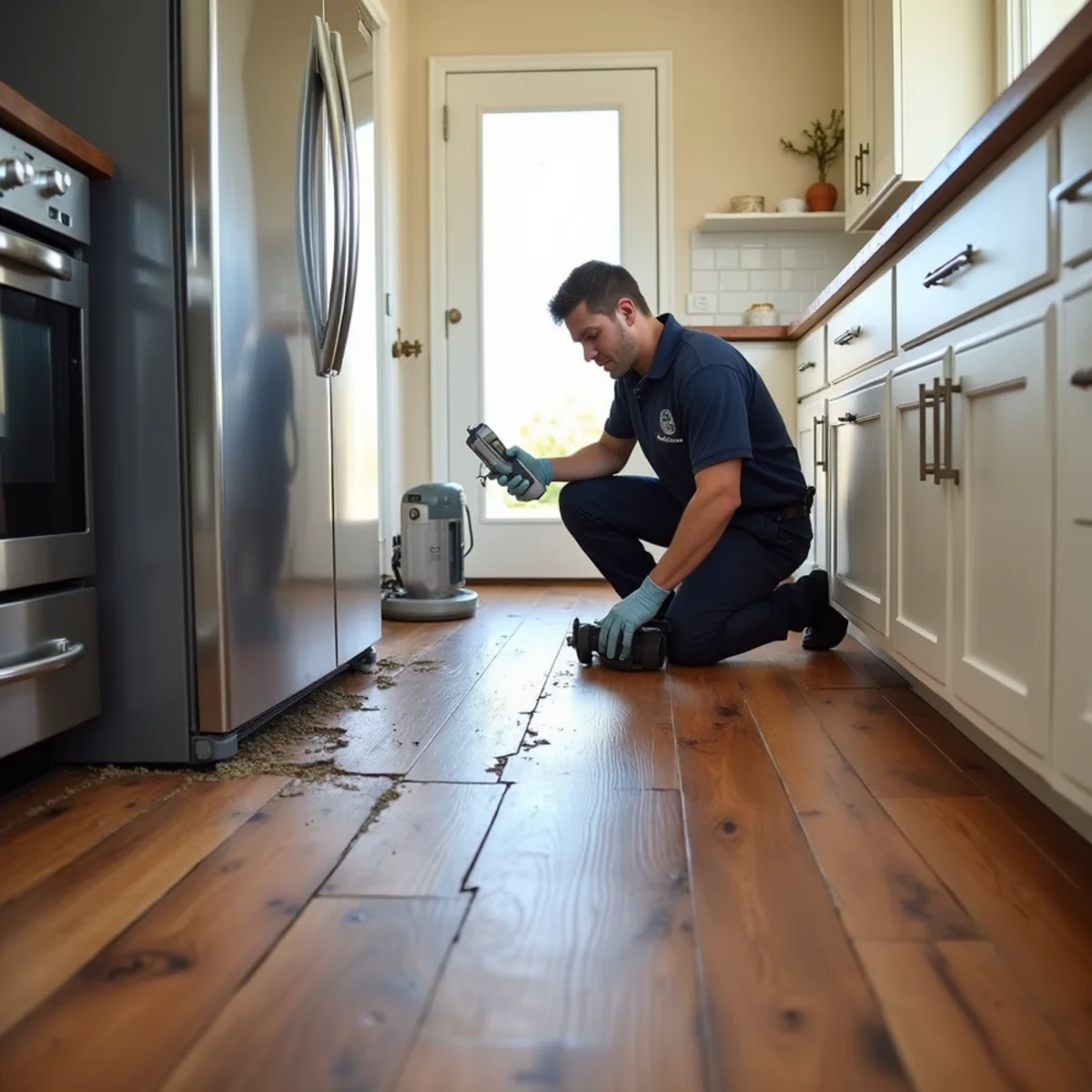 Water leaking from a refrigerator ice maker line onto hardwood flooring in a Buena Park kitchen