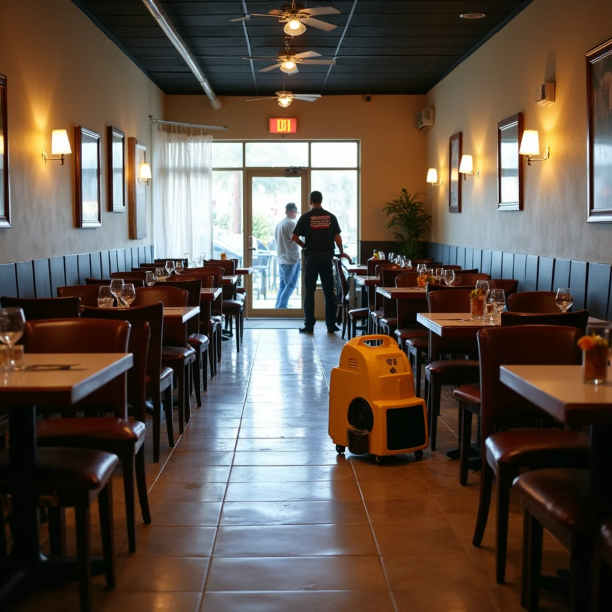 Commercial kitchen being dried after water damage at a Buena Park restaurant