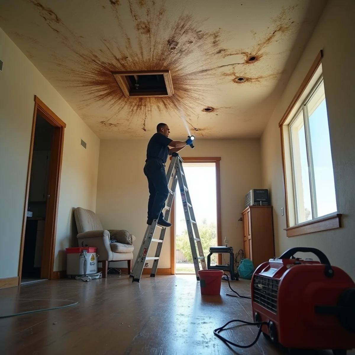 Water-stained ceiling from a roof leak in a Buena Park home