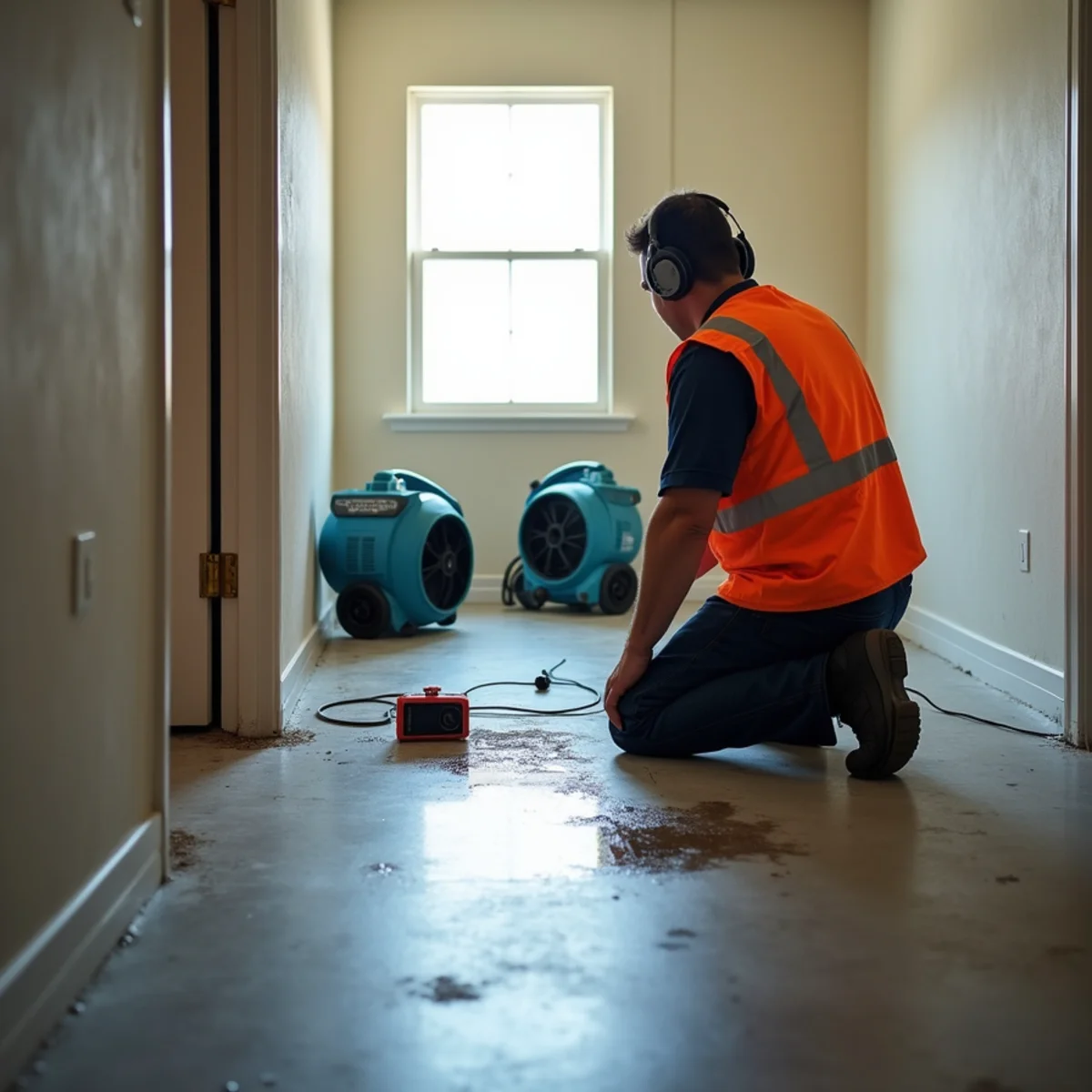 Technician using electronic listening equipment to locate a slab leak under a Buena Park tile floor