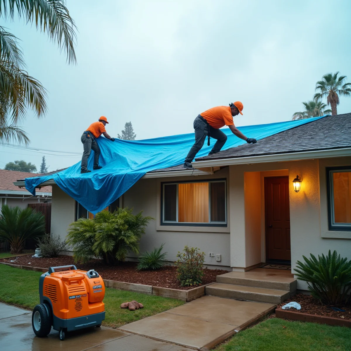 Technician placing a roof tarp and drying storm water damage at a Buena Park home