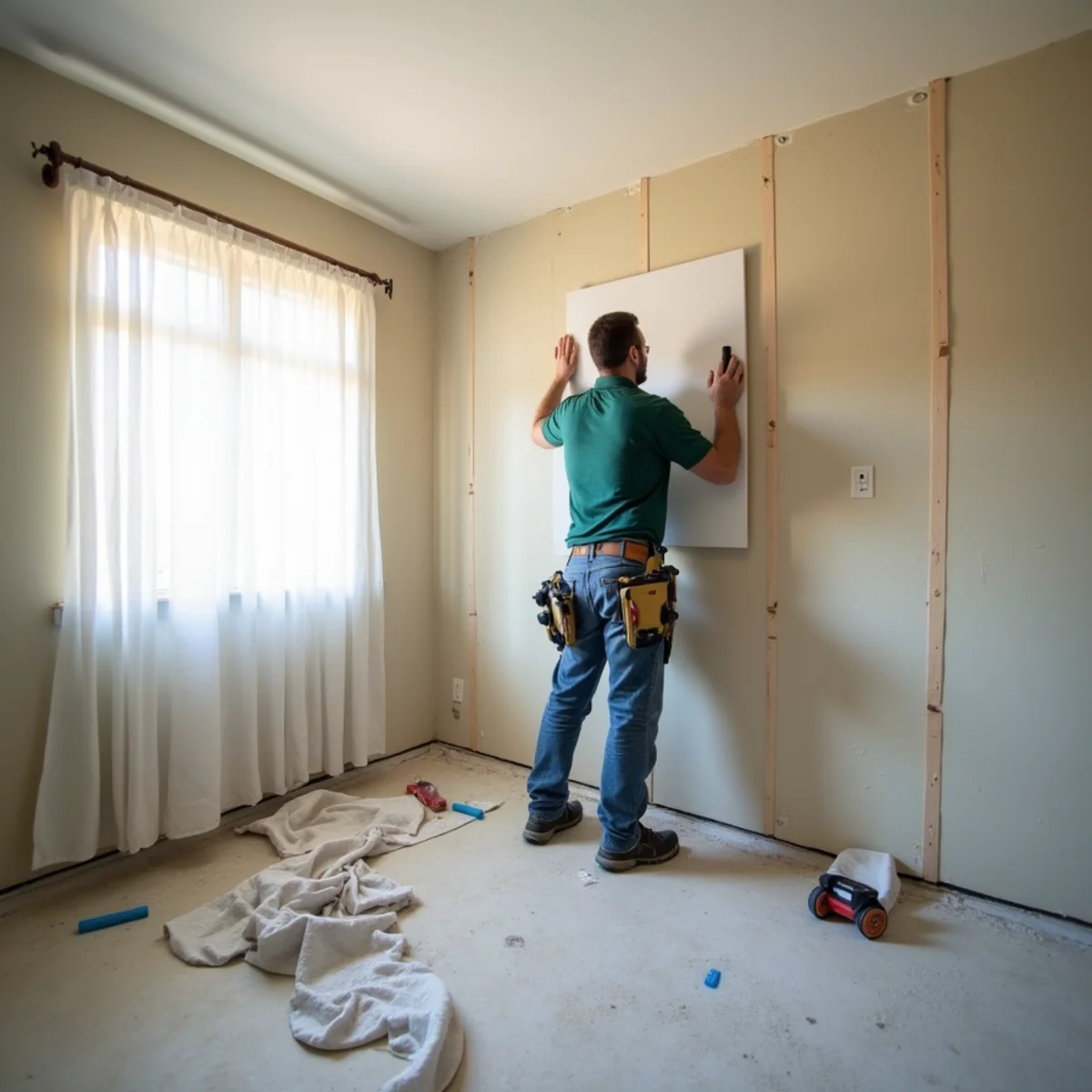 Restoration carpenter repairing water-damaged drywall and ceiling in a Buena Park home