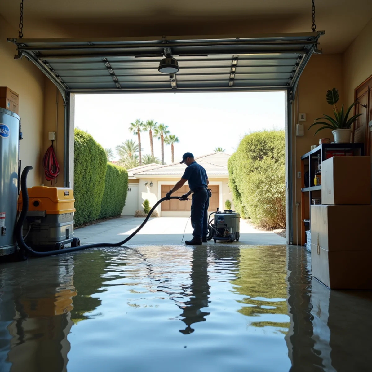 Water pooling around a leaking water heater in a Buena Park garage